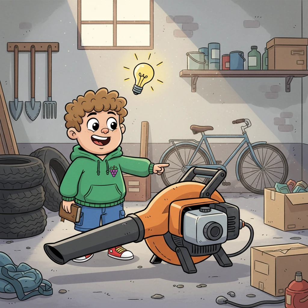 In the dusty garage, Kobus's eyes lit up as he spotted his dad's industrial leaf-blower, a monstrous machine with a powerful 2-stroke engine. A cartoon lightbulb popped above his head, illuminating his mischievous grin. He imagined the raw power propelling him up the dreaded pass.