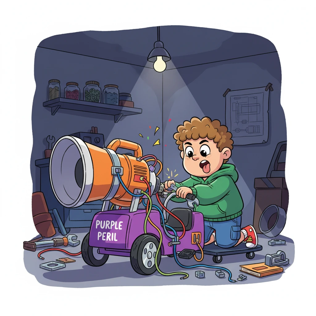 Under the cloak of night in his "Studio," Kobus meticulously, and somewhat dangerously, strapped the massive leaf-blower to the back of his Purple Peril. Wires tangled and makeshift clamps held the contraption in place, sparks (cartoonishly) flying as he worked with intense concentration. He was a mad scientist on a mission.