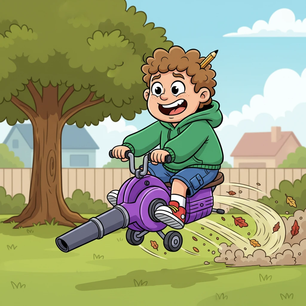 Kobus launched into his backyard on the newly modified Purple Peril, the leaf-blower roaring to life and sending him careening wildly. Leaves and dust swirled around him as he struggled to control the powerful, noisy contraption, a mix of terror and exhilarating triumph on his face. This was going to be epic!