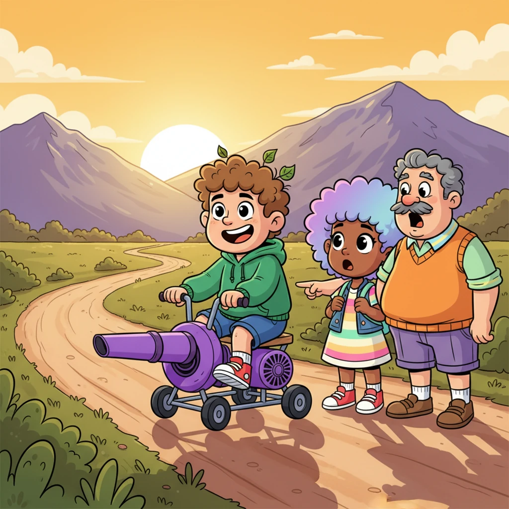 The sun rose over the majestic Helshoogte Pass, casting long shadows. Kobus, slightly dishevelled but brimming with newfound confidence, sat proudly on his leaf-blower-powered Purple Peril. Mr. Bronkhorst and Dieter stared at his bizarre invention with wide eyes and open mouths, completely speechless.