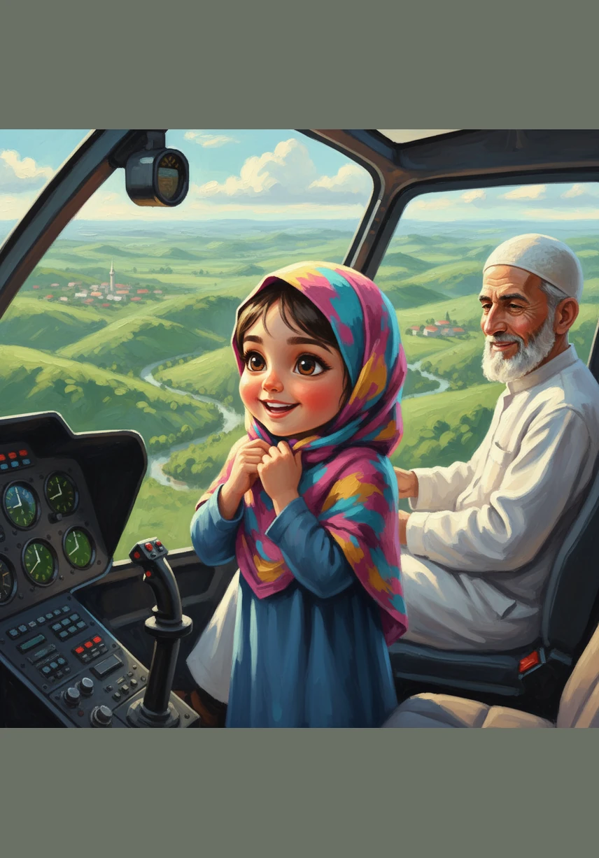 Little Hafiza adjusts her colorful hijab as she looks out the window of a high-flying helicopter. She is so happy to be heading to her brand-new home far across the green hills.