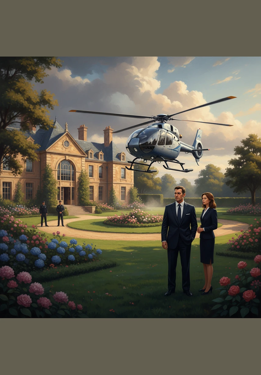 The helicopter lands softly near a huge, handsome house. In the field nearby, a hungry horse munching on hay neighs a loud hello to its new friend.