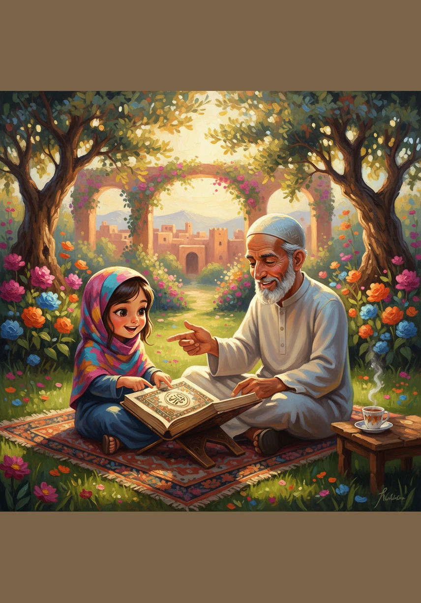 Hafiza hops over to the garden where some happy hens are pecking at seeds. She laughs as they hurry around the hedge, their feathers fluttering in the warm breeze.