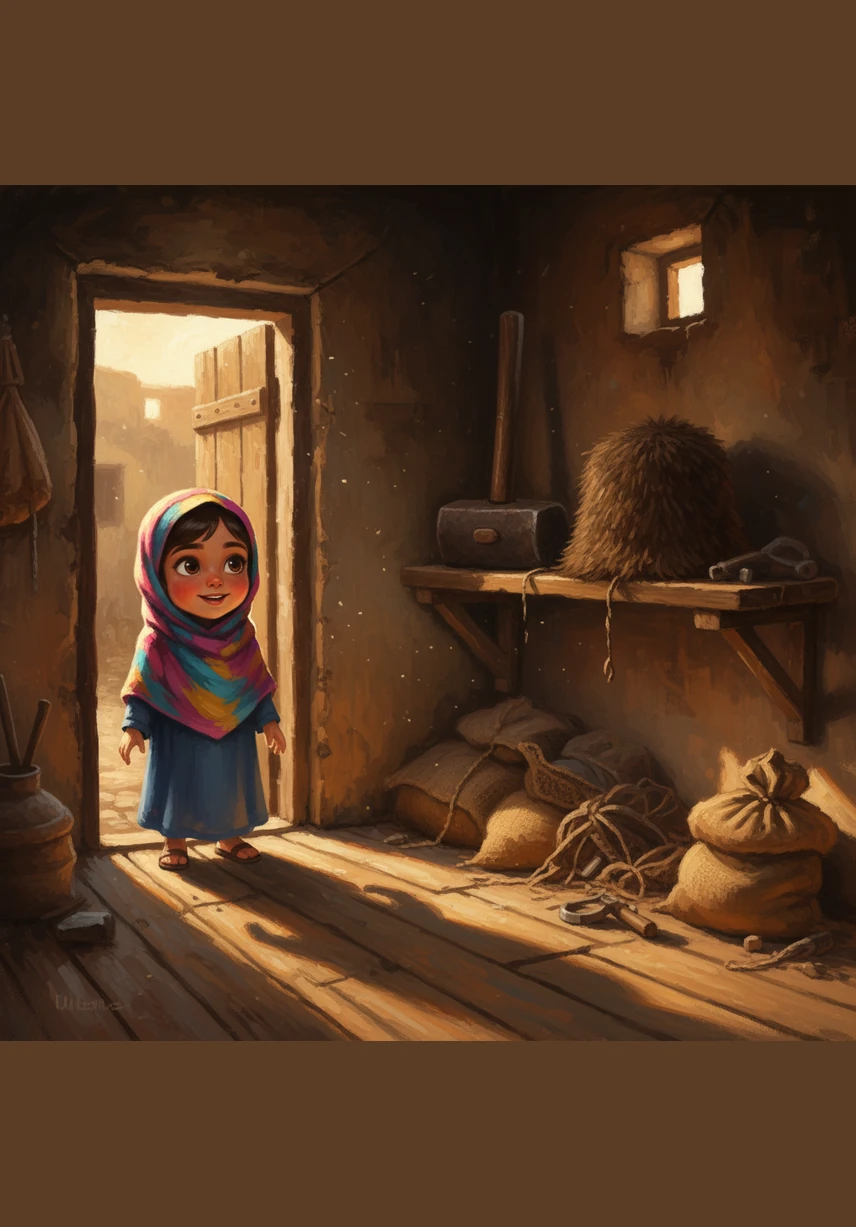 She steps inside the quiet hut and spots a heavy hammer resting on a shelf next to a hairy hat. Everything is dusty and still, filled with the shadows of the afternoon sun.