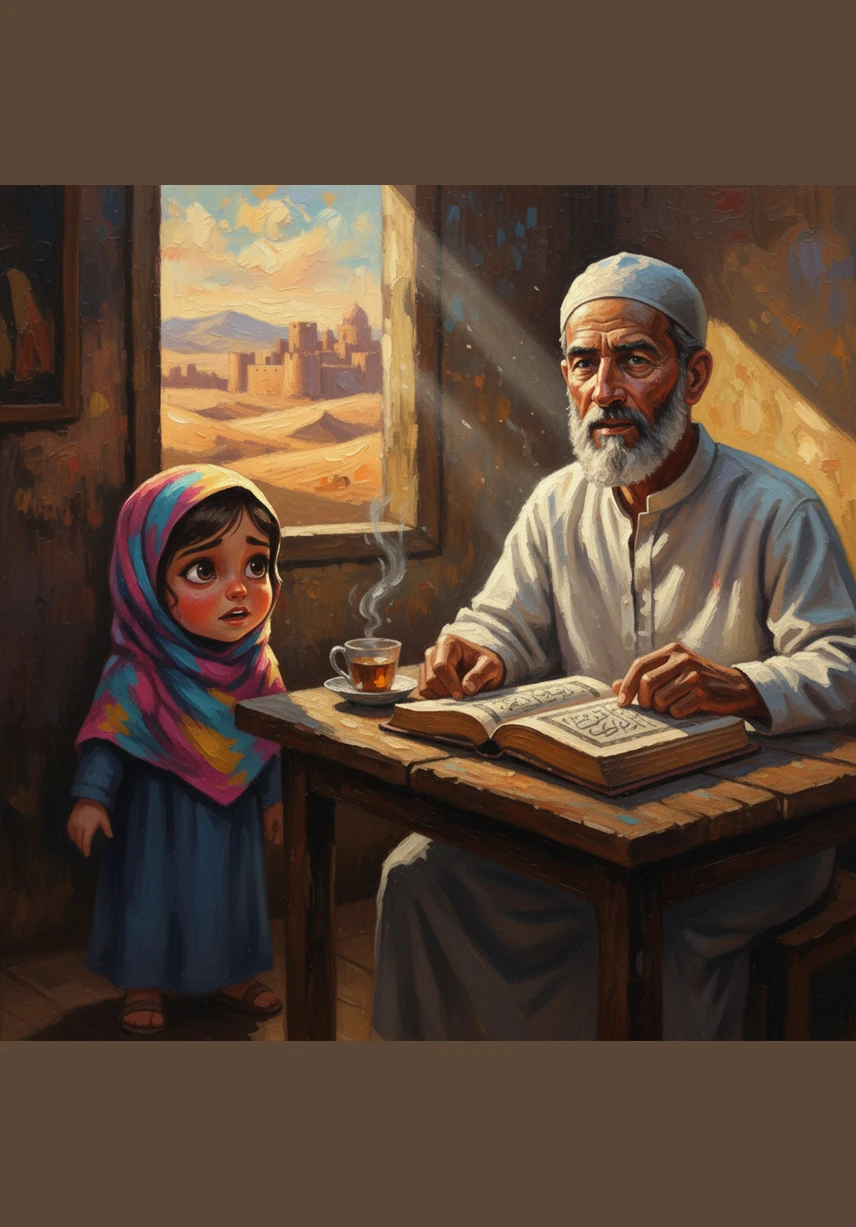 Suddenly, she sees a huge white shape standing in the corner, covered by a long cloth. It looks like a haunting ghost, and Hafiza feels a shiver of fear run down her back.