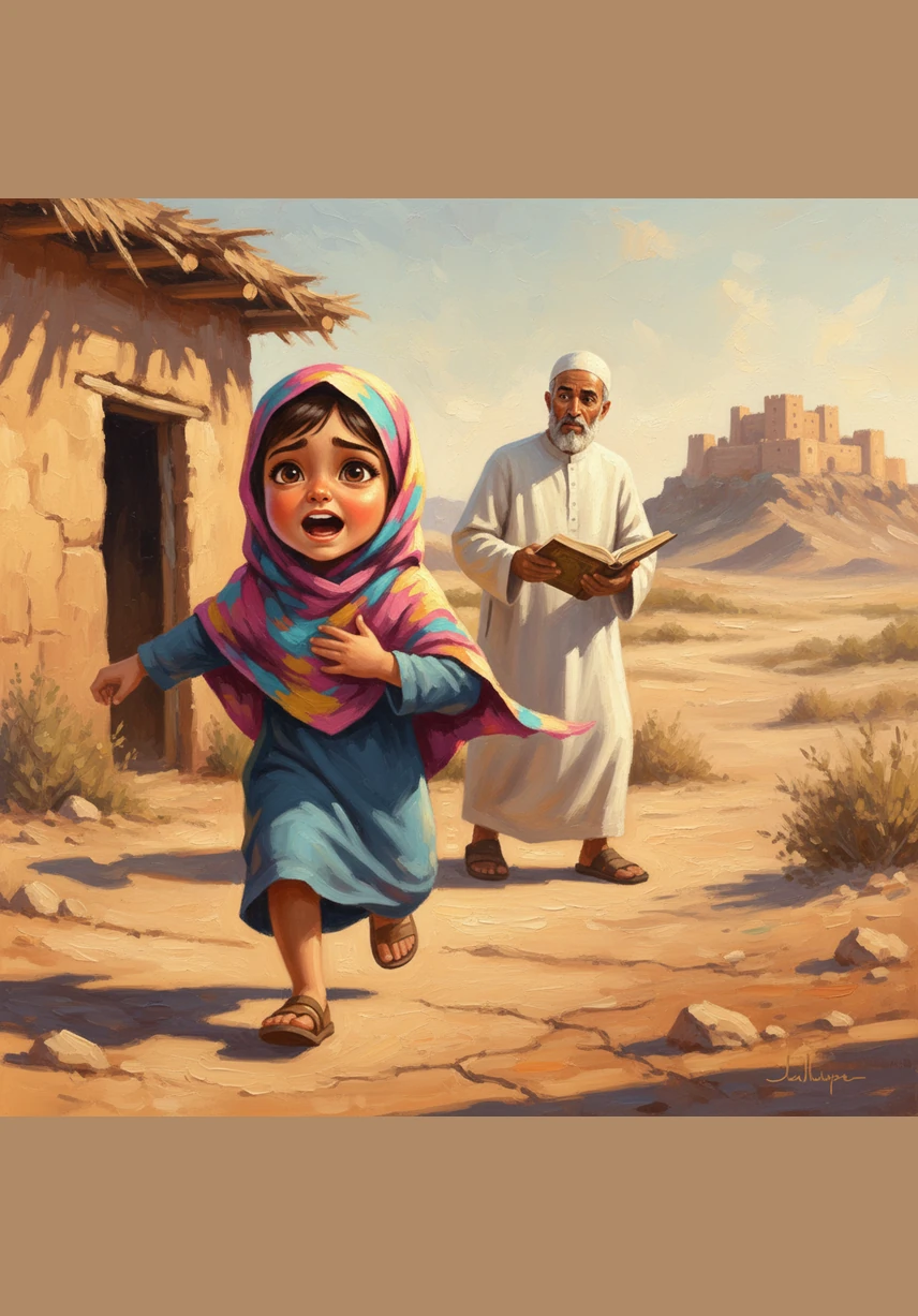 Help! Help! Hafiza shouts as she hurries out of the hut as fast as her legs can carry her. She holds her hand over her beating heart, running all the way back to her father.