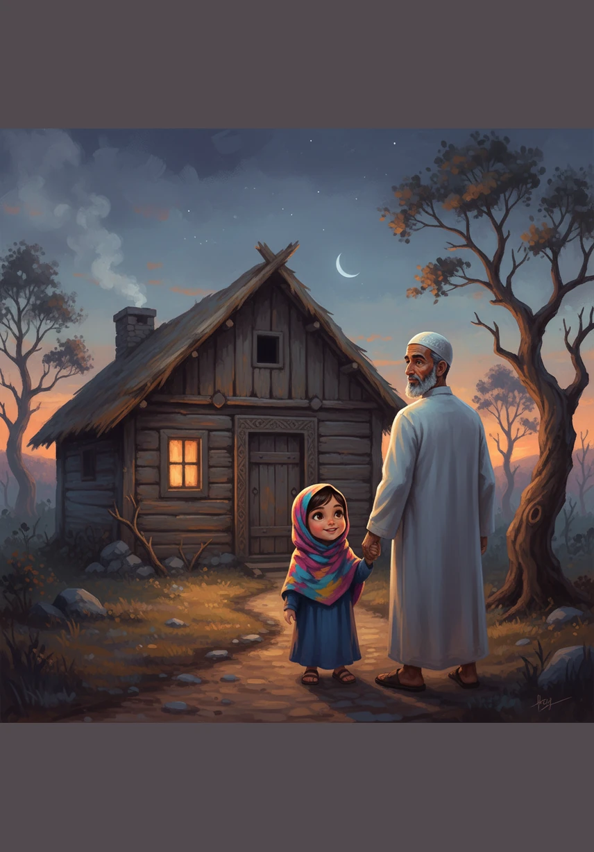 Her helpful father, wearing his traditional kufi, listens to her story and holds her hand to make her feel brave. Together, they head back to the mysterious hut to see what was hiding under the white cloth.