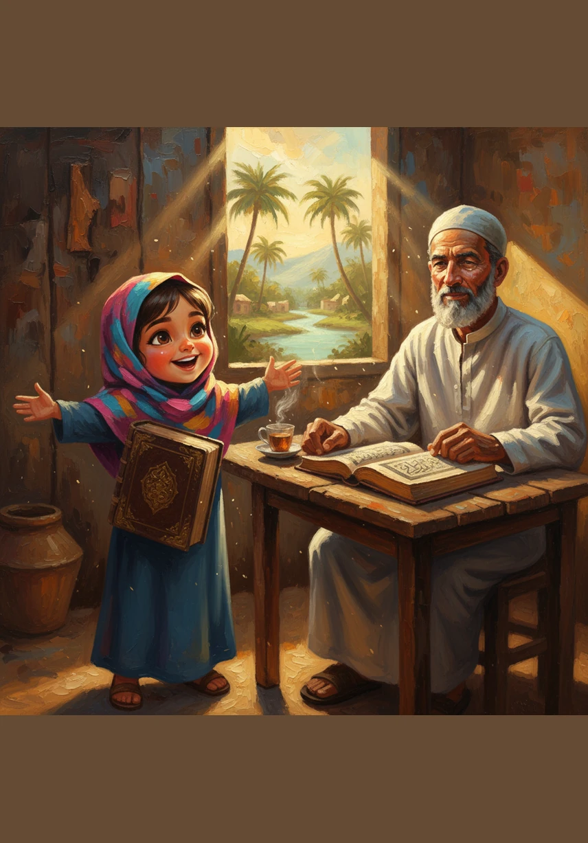 Hafiza’s heart is filled with joy and she lets out a happy laugh. She hugs her father tightly, glad to have finished her big adventure at her new home.