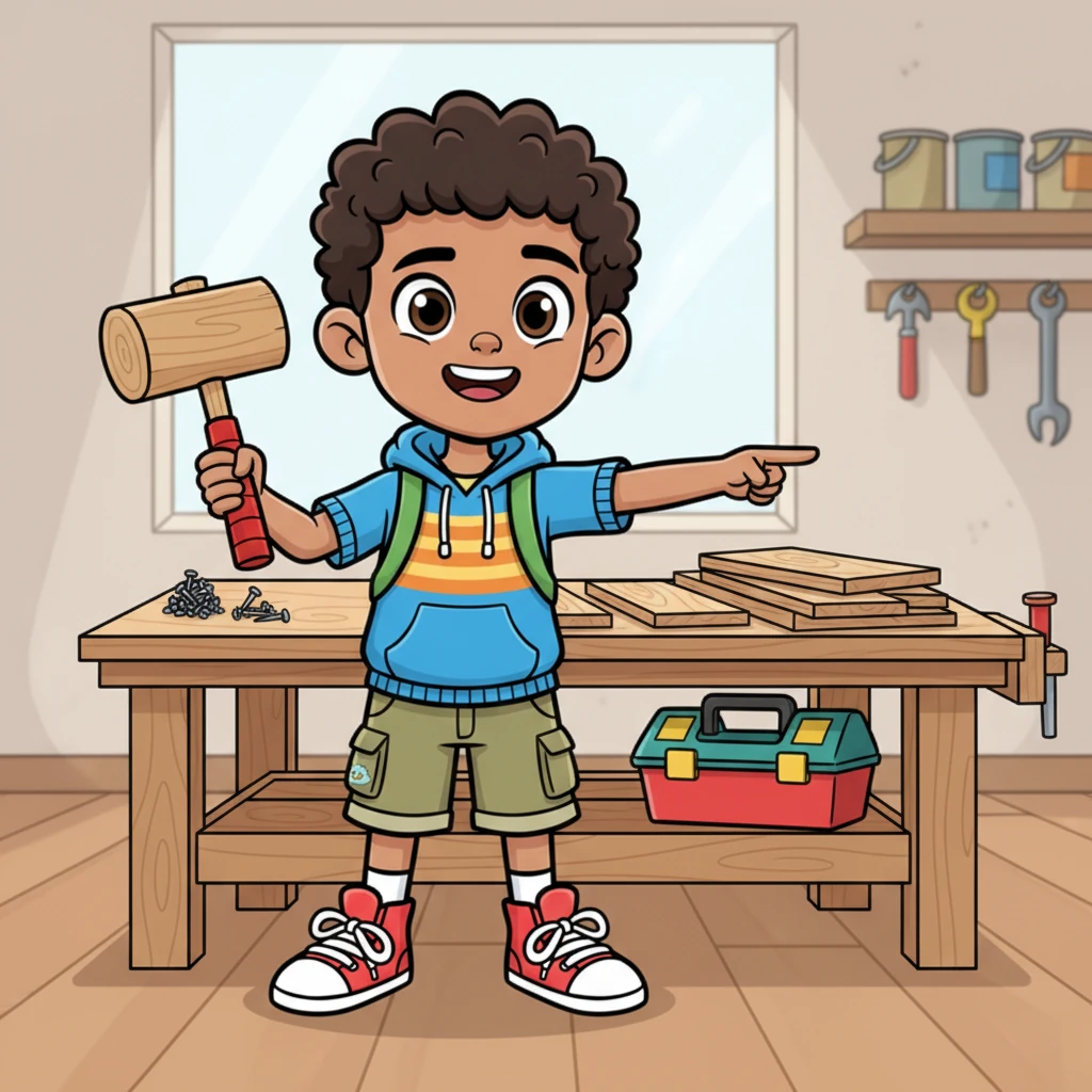 Shakir stands tall and proud, a hammer ready in his hand. He points confidently towards a stack of wooden planks and various nails on a simple workbench, his eyes sparkling with excitement for the project ahead. He looks determined, ready to bring his creative ideas to life.