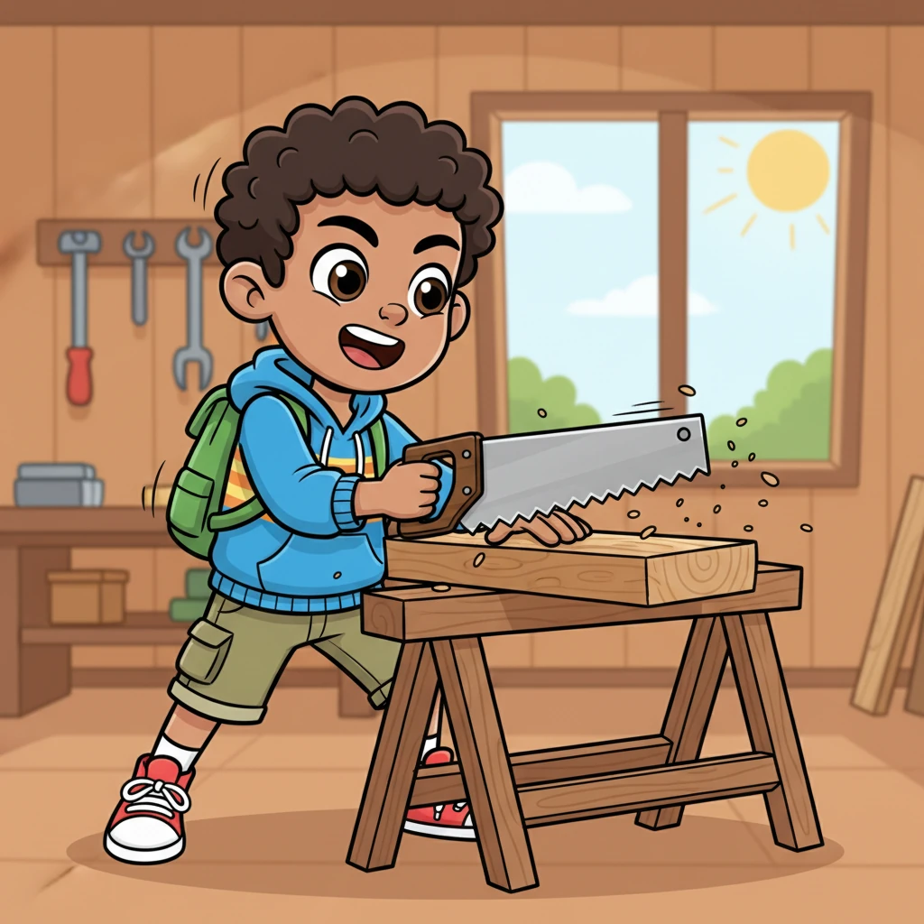 With great energy, Shakir saws through a piece of wood. He grips the wood firmly with one hand while the other vigorously moves the saw, creating a rhythmic buzz. His mouth is open, perhaps singing a cheerful tune or letting out a determined grunt as sawdust flies lightly around him.