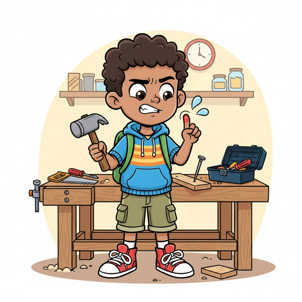 Oh dear! Shakir reacts with a funny grimace, having just lightly tapped his thumb with the hammer, or perhaps he's struggling to pull out a stubbornly bent nail. The workbench around him shows a bit of a mess, a testament to his earnest efforts and a little mishap. A tiny sweat drop might be forming on his forehead.