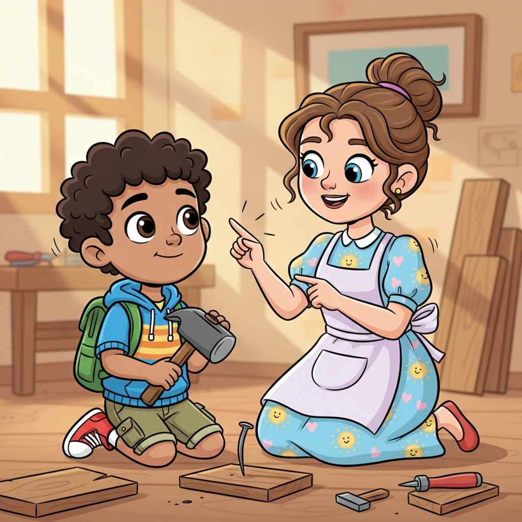 Shakir's kind mother kneels beside him, her hand gently resting on his shoulder. She points to a different way to hold the hammer or shows him how to straighten the bent nail, offering a warm smile and words of encouragement. Shakir looks up at her, hope returning to his eyes.