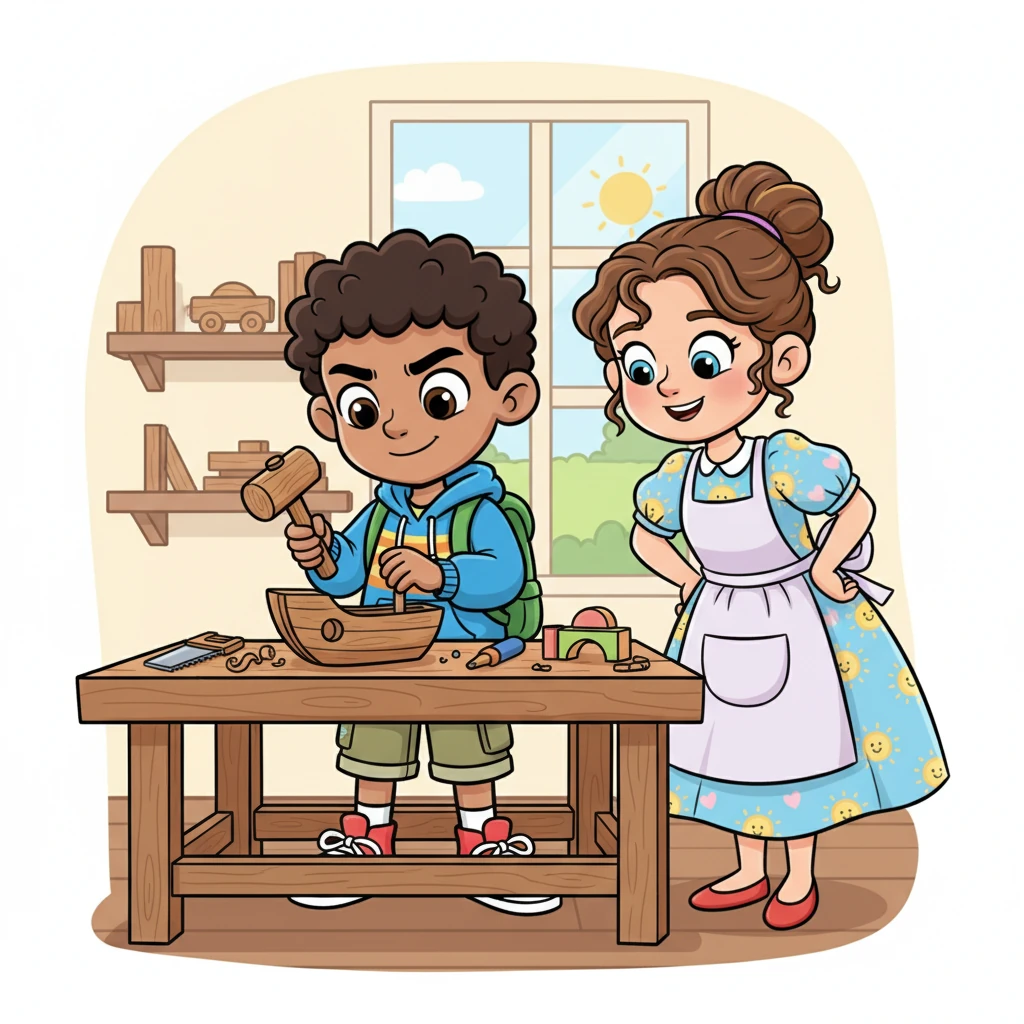 Taking his mother's advice to heart, Shakir tries again, his brow furrowed in concentration. This time, he holds the hammer carefully, making sure his aim is true, or uses a new technique to work with the wood. A small, confident smile starts to form as he feels the rhythm returning.