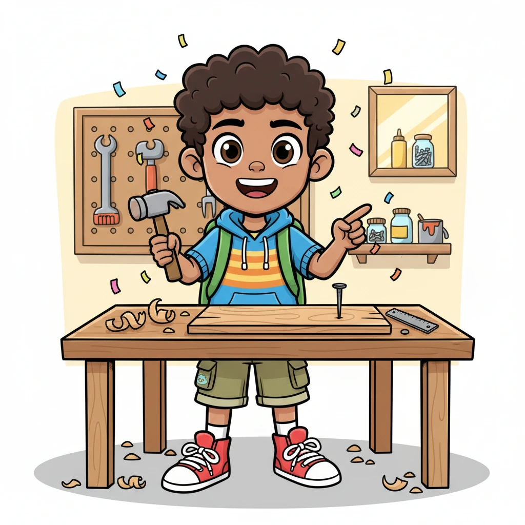 A triumphant grin spreads across Shakir's face as he successfully hammers a nail perfectly straight into a piece of wood, or perhaps he has finally cut a clean, even line. He looks proudly at his accomplishment, feeling a surge of satisfaction from his hard work and persistence. The workshop seems to hum with his success.