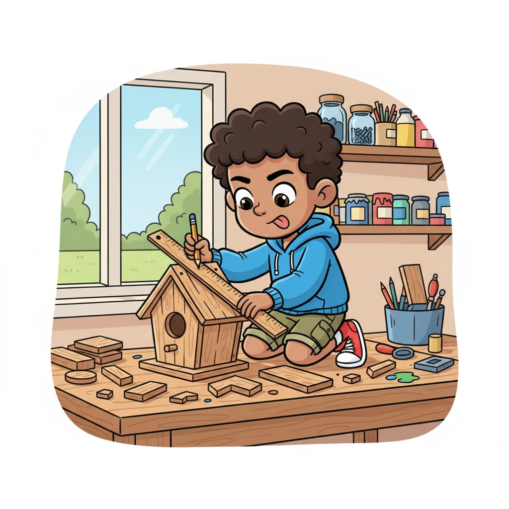 Shakir is now deeply immersed in assembling his project, carefully joining different wooden pieces together. He uses a ruler and pencil to mark measurements, his movements precise and purposeful. The shape of a small, charming birdhouse or a sturdy toy car begins to emerge from the wood.