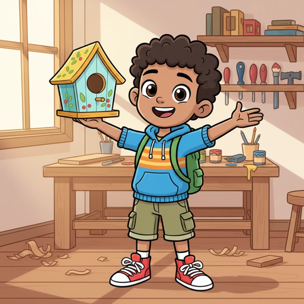With a flourish, Shakir holds up his completed wooden creation – a beautifully crafted birdhouse, painted in cheerful colors, or a whimsical toy animal. He beams with pride, showcasing his handiwork. The workshop background, now a bit tidier, highlights his masterpiece.
