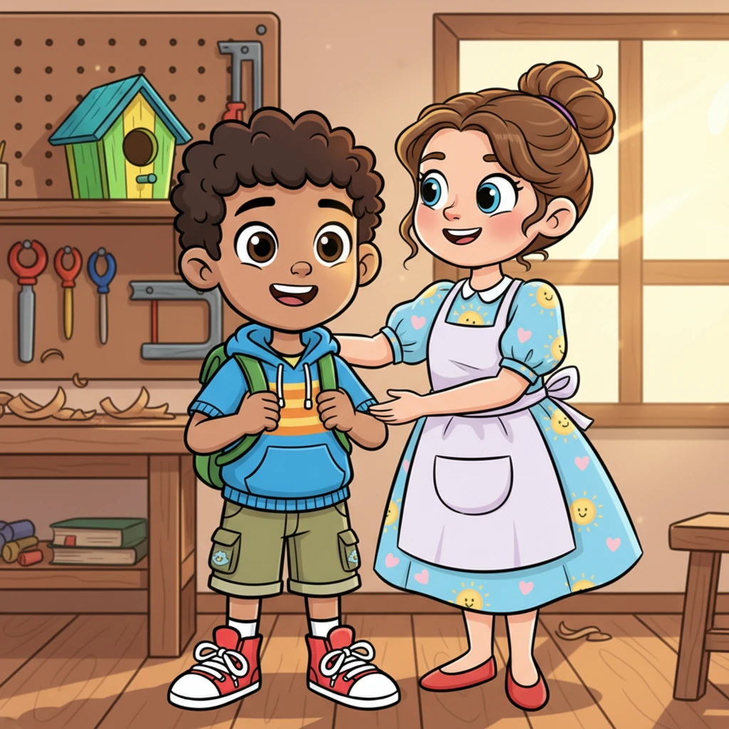 Shakir and his mother stand side-by-side, admiring the finished project together. His mother has a proud, loving smile, her arm gently around Shakir, who is practically glowing with happiness. The birdhouse sits on a shelf, a symbol of his journey, learning, and success, filling the workshop with warmth.