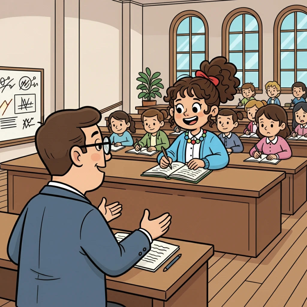 Evelyn, a college student with a beaming smile, sat in a large lecture hall. She was surrounded by eager students all wanting to learn how to teach. The professor discussed the different methods for teaching, and Evelyn scribbled notes furiously, her eyes alight with inspiration.