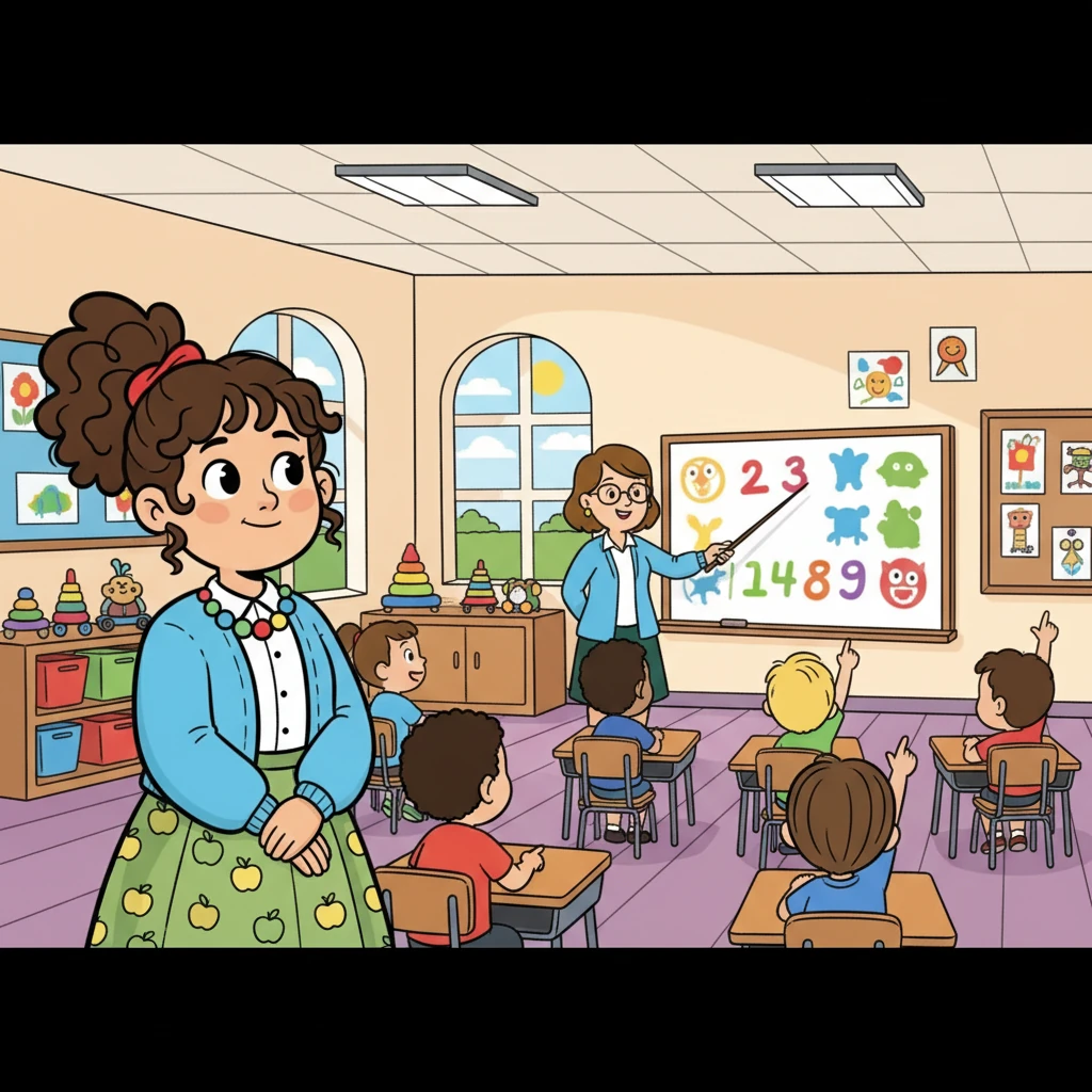 The next day, Evelyn visited a vibrant, colorful elementary school classroom. She observed a lesson, watching the teacher interact with the children. The children were engaged, and Evelyn felt the first stirrings of her future career, a warm feeling in her heart.