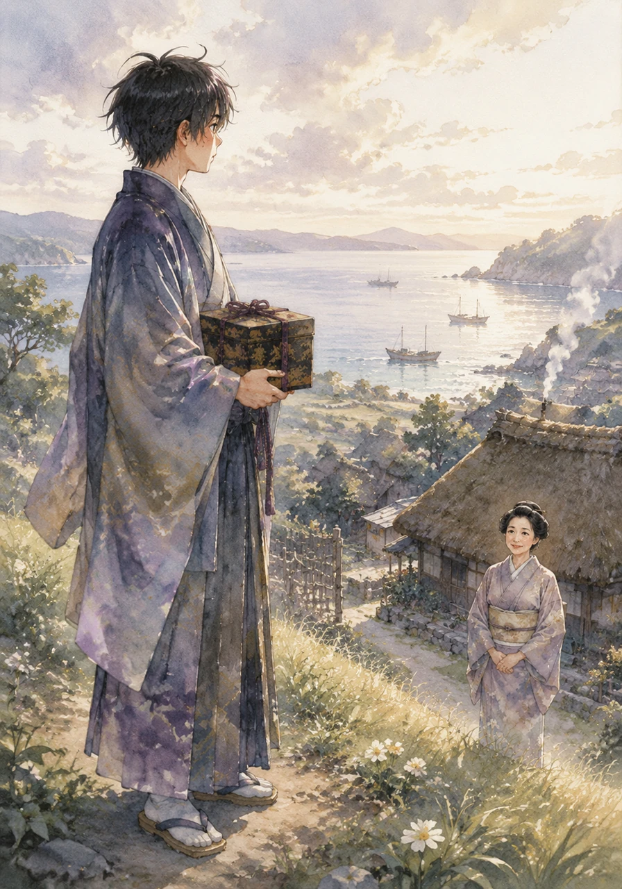 Taro stands on the grassy cliff overlooking his home, a beautiful lacquered gift box held firmly in his hands. He has finally returned after three hundred years, expecting to see the smoke from his mother's hearth and the familiar sight of fishing boats.
