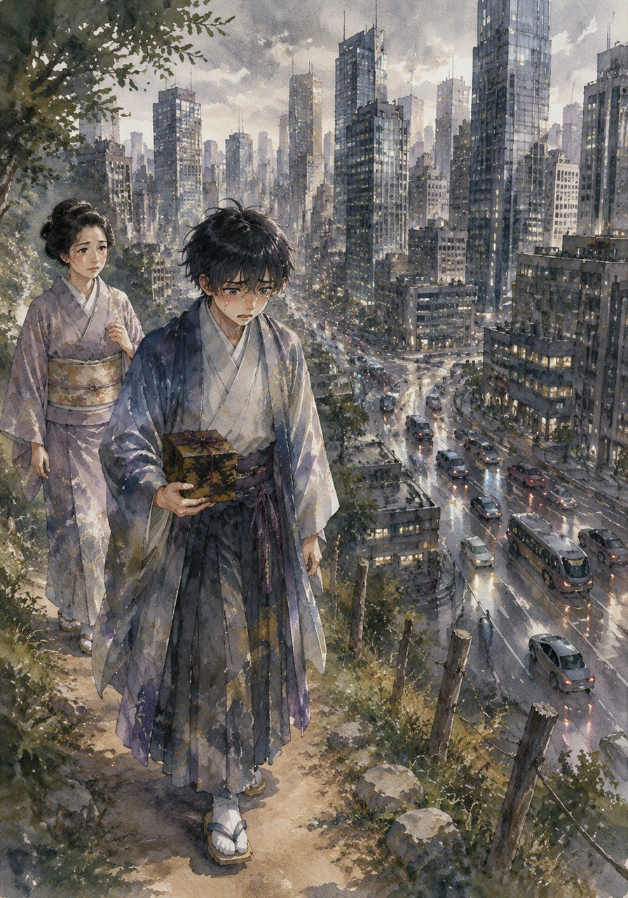 As he walks down the hill, his heart sinks to see towering structures of glass and steel where small wooden cottages once stood. The winding dirt paths he knew have been replaced by black, hard roads filled with strange, humming machines that move without horses.