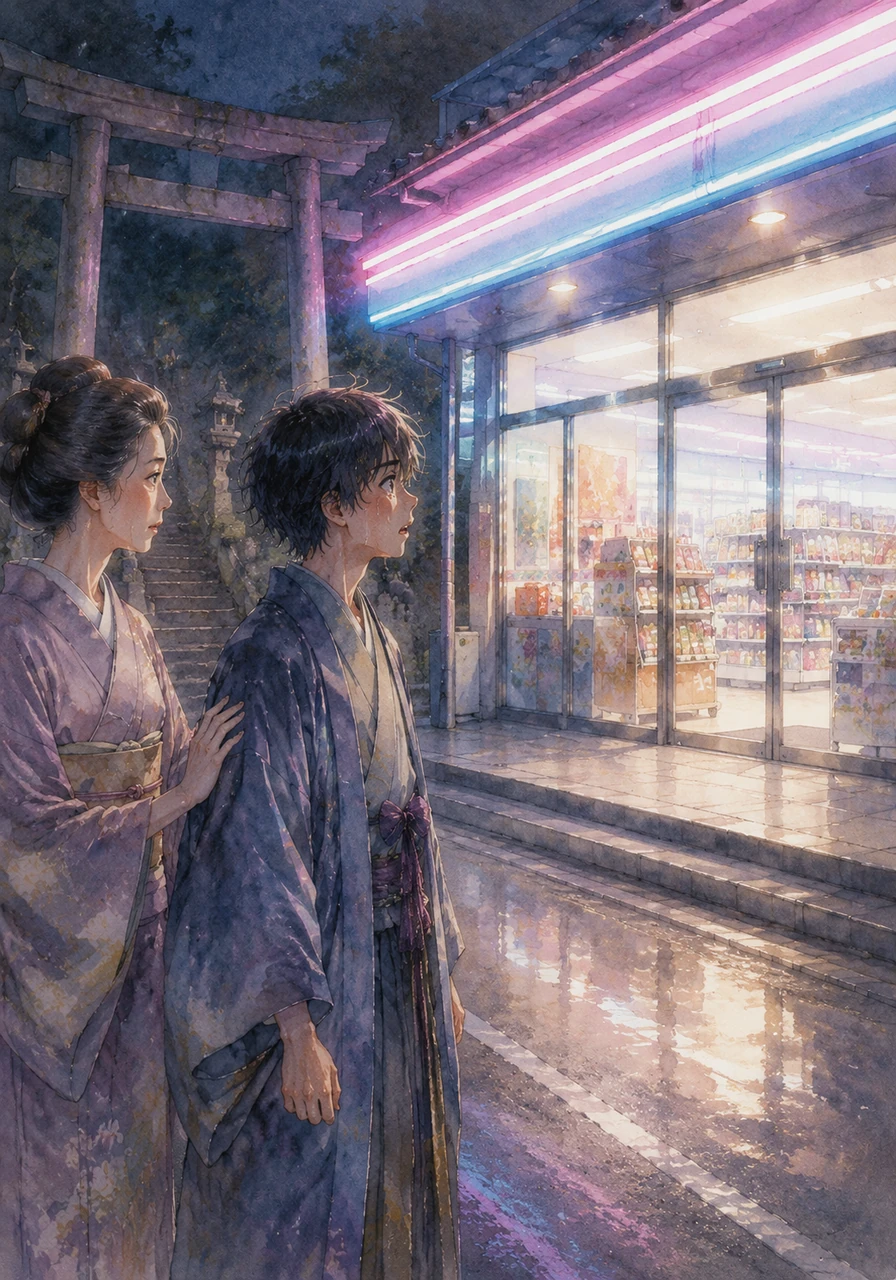 He searches for the ancient shrine where he used to play, but finds only a bright, neon-lit shop in its place. The familiar scents of sea salt and woodfire are gone, replaced by the smell of exhaust and the cold glare of electric lights.