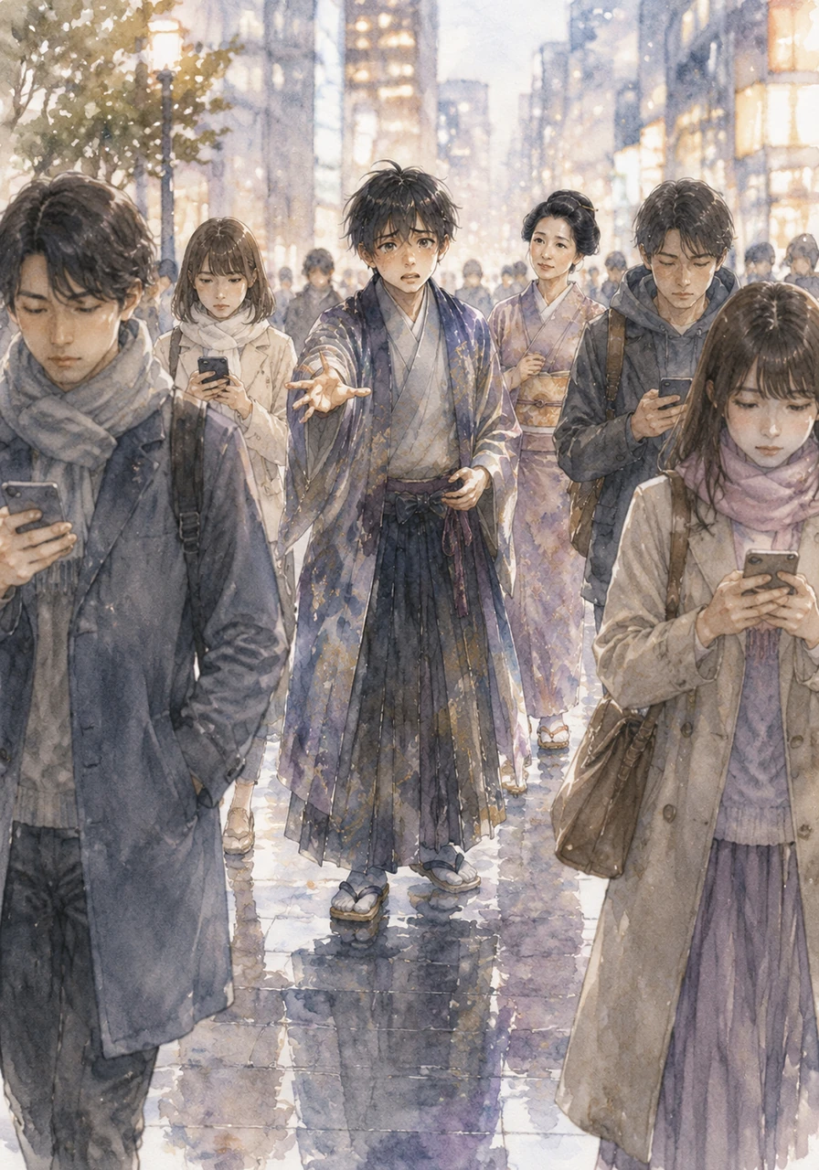 Taro reaches out to a group of people walking by, but they do not recognize his face or his traditional silk robes. They look at him like a stranger from a forgotten dream, never looking up from the small, glowing devices in their hands.