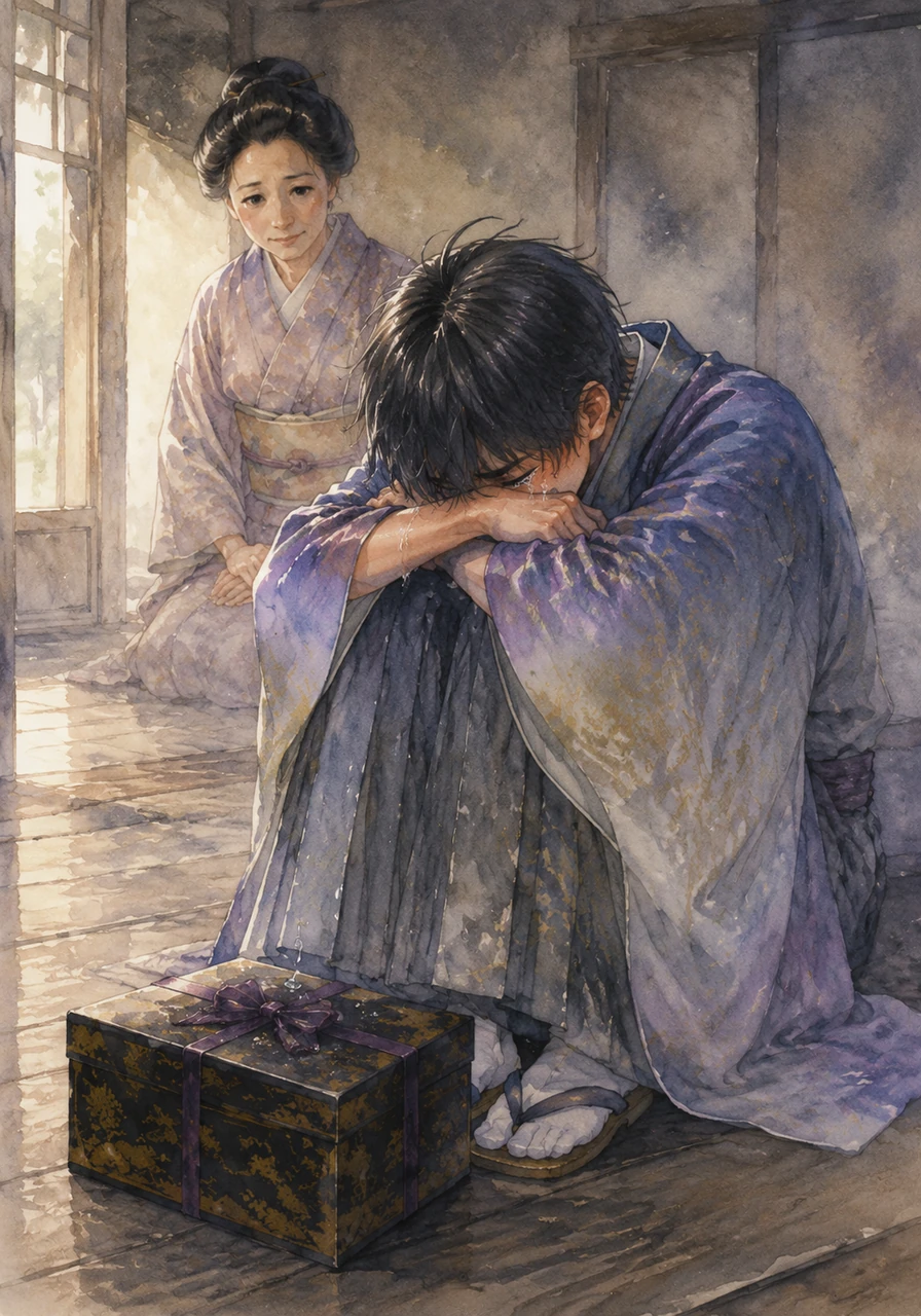 Taro buries his face in his knees and cries out in loneliness, his tears falling onto the lid of the mysterious gift box. The vast emptiness of three centuries weighs heavy on his shoulders as he mourns the world he lost and the people who are now only dust.