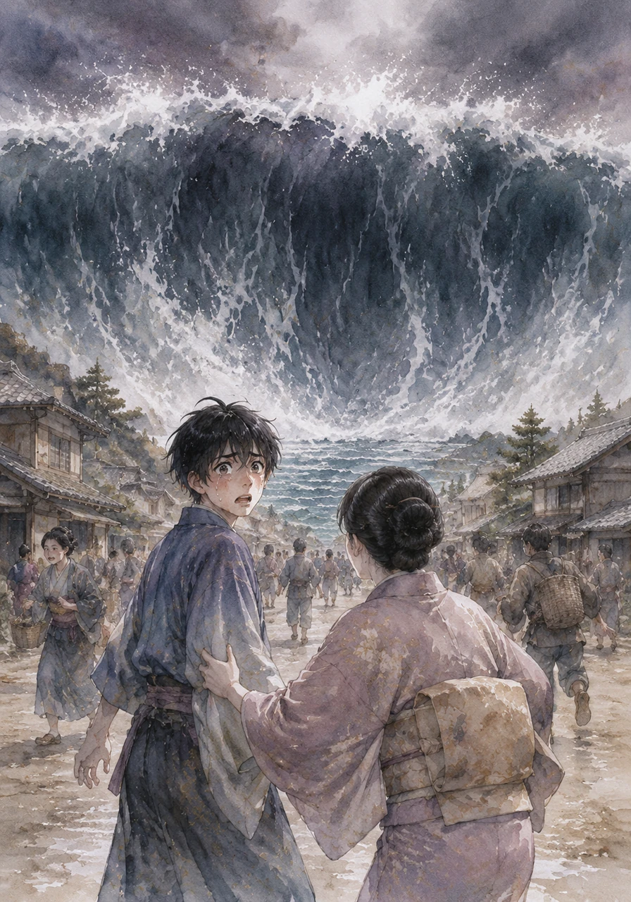 On the horizon, a massive wall of dark water begins to rise, blocking out the sun as it rushes toward the shore with a terrifying roar. The village behind him is busy and unaware of the mountain of sea that is about to swallow the modern world.