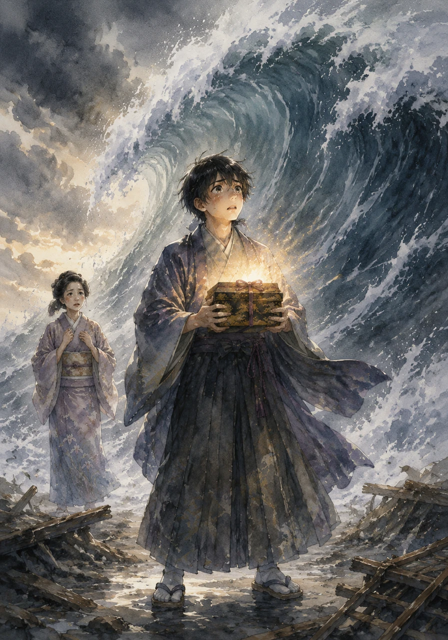 Taro stands up and faces the towering tsunami, clutching his gift box as the wind begins to howl around him. In the face of the ocean's fury, he wonders if this is the end of his journey or the beginning of a new legend as the box begins to glow.
