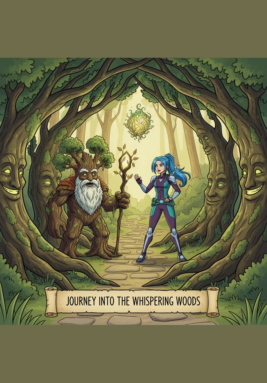Elara steps cautiously into the Whispering Woods, where the air hums with a strange, melodic vibration. The sunlight filters through a canopy of emerald leaves that seem to ripple like water even when there is no wind. She feels a thousand unseen eyes watching her every move from the shadows of the thick bark.