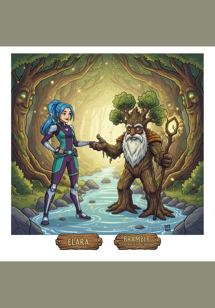Near a bubbling brook, Elara encounters an ancient oak tree with a face carved by time and weather into its trunk. The tree, Bramble, greets her with a voice like rustling parchment and a warm, welcoming smile. He extends a leafy branch as if to shake her hand, offering her a shimmering acorn as a token of friendship.