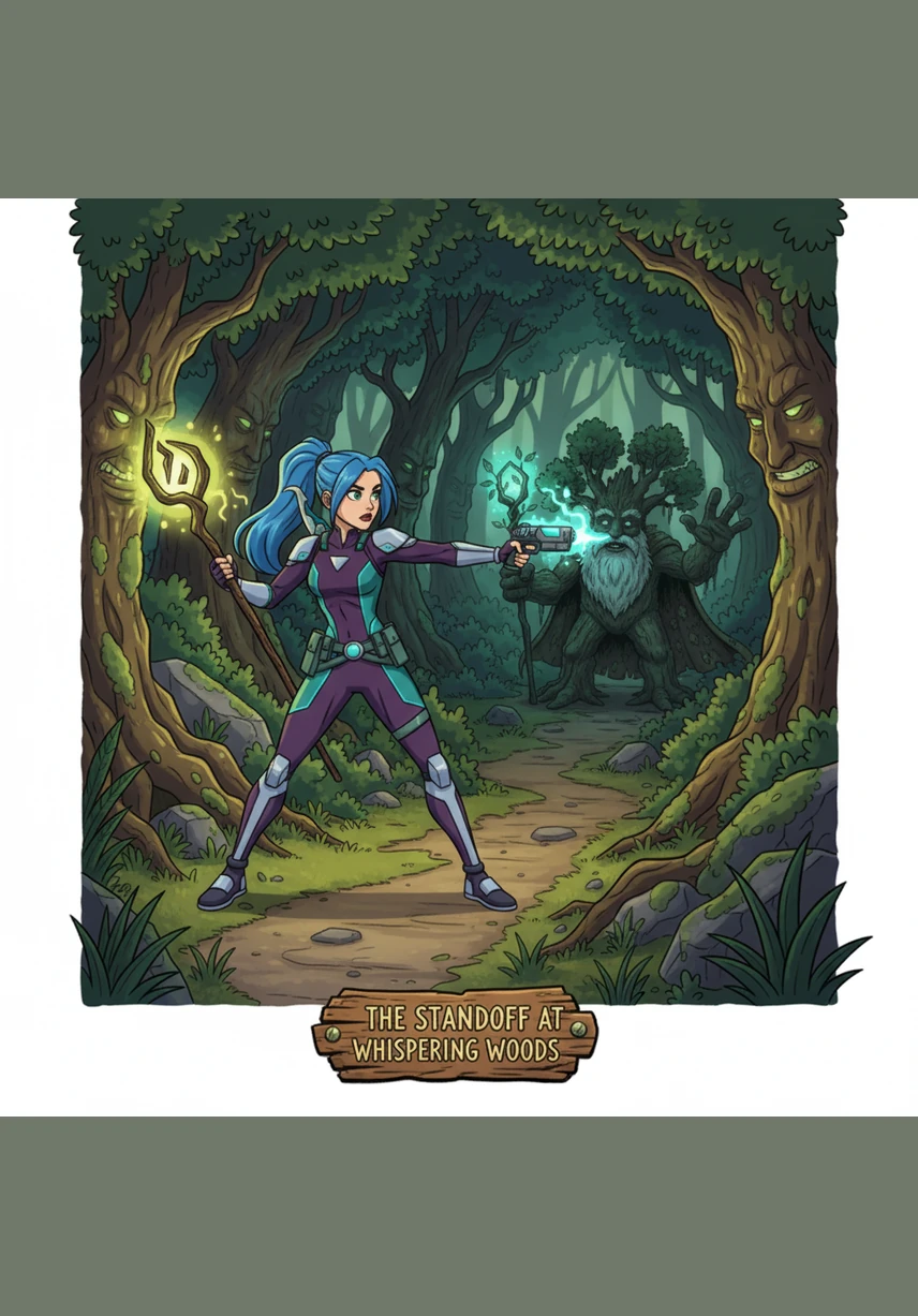 Deep within the thicket, the atmosphere shifts as the Elder Grove, a circle of twisted yew trees, begins to mutter in low, gravelly tones. Their eyes glow with a piercing crimson light, and their gnarled roots shift uncomfortably beneath the soil. They view Elara as a trespasser and begin to weave a web of dark shadows around her path.