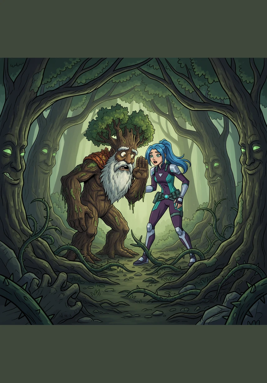 Bramble leans down and whispers a frantic warning into Elara's ear, his leaves shivering with genuine fear. The hostile trees have begun to move, their heavy branches creaking as they lean inward to block the sunlight. The once-inviting forest floor is now a maze of tripping roots and thorny vines reaching for her boots.