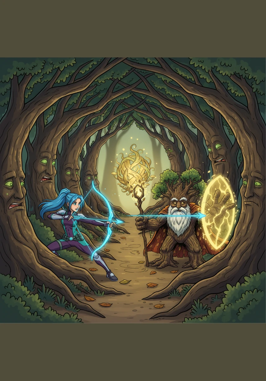 The Elder Grove unleashes its fury, whipping their sharp, needle-like branches through the air with the sound of cracking thunder. Elara ducks behind a large mossy rock as the trees roar with a sound like a mountain collapsing. The forest has turned into a chaotic battleground of wood and wind.