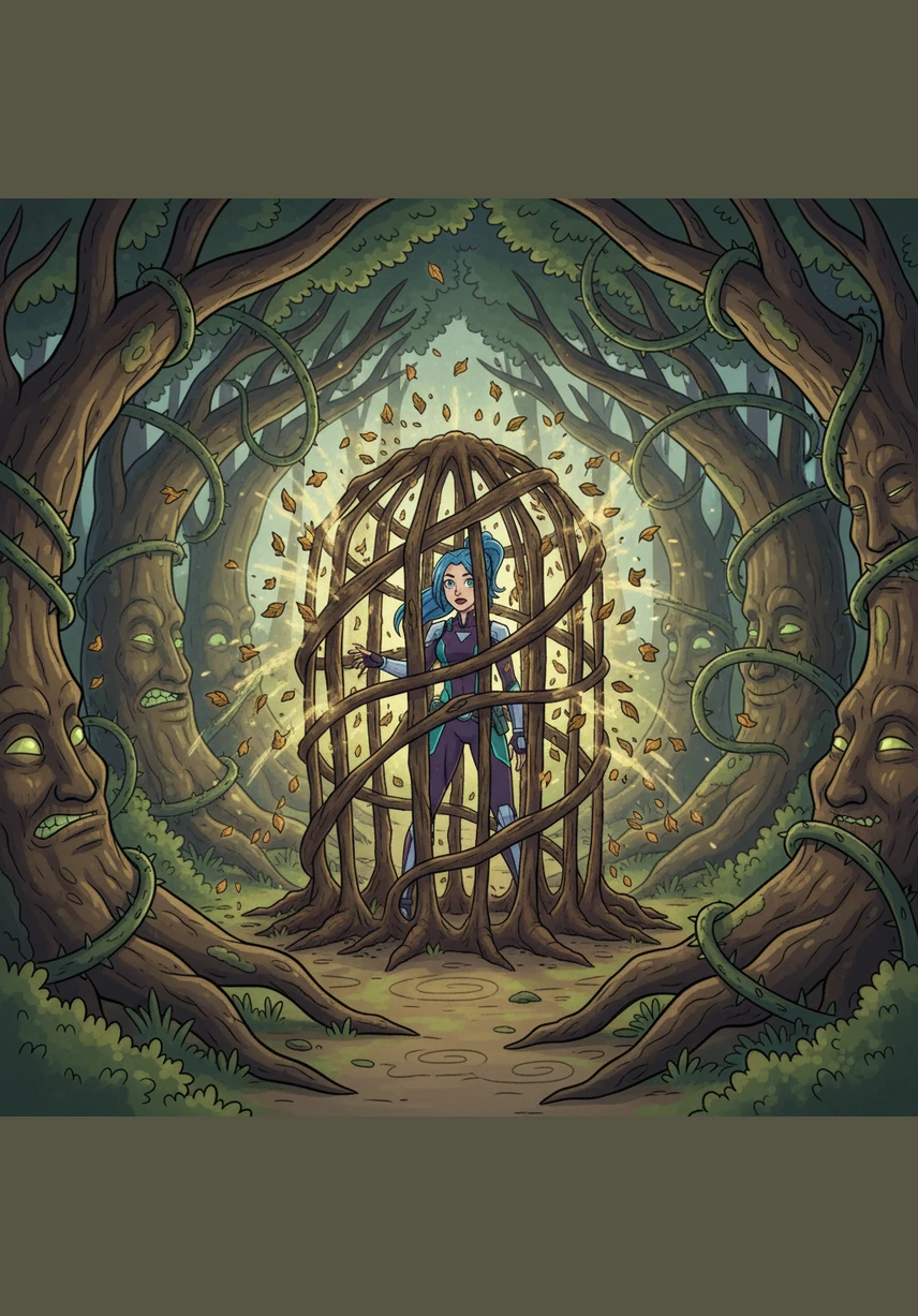 Bramble acts quickly, plunging his massive roots deep into the earth to create a sturdy wooden cage around Elara. He endures the stinging lashes of the other trees, losing his golden leaves to shield her from the assault. His bark groans under the pressure, but his resolve to protect his new friend remains unshaken.