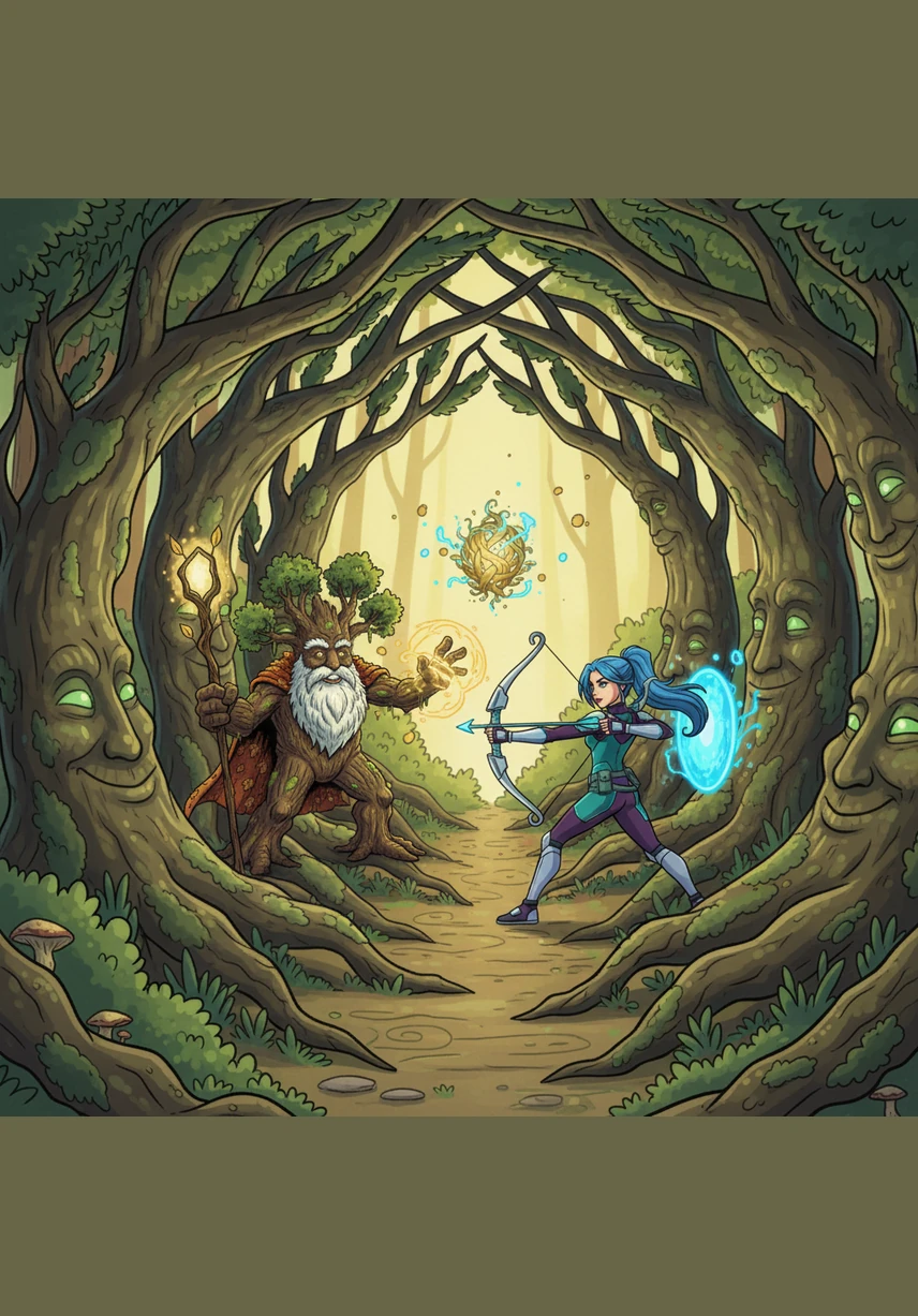 Through a gap in the branches, Bramble points toward a distant, glowing hill where the Heartstone of the Woods resides. He tells Elara that only the touch of a pure heart can calm the forest's ancient anger and restore the balance. Elara realizes she must leave the safety of Bramble's embrace to save them both.