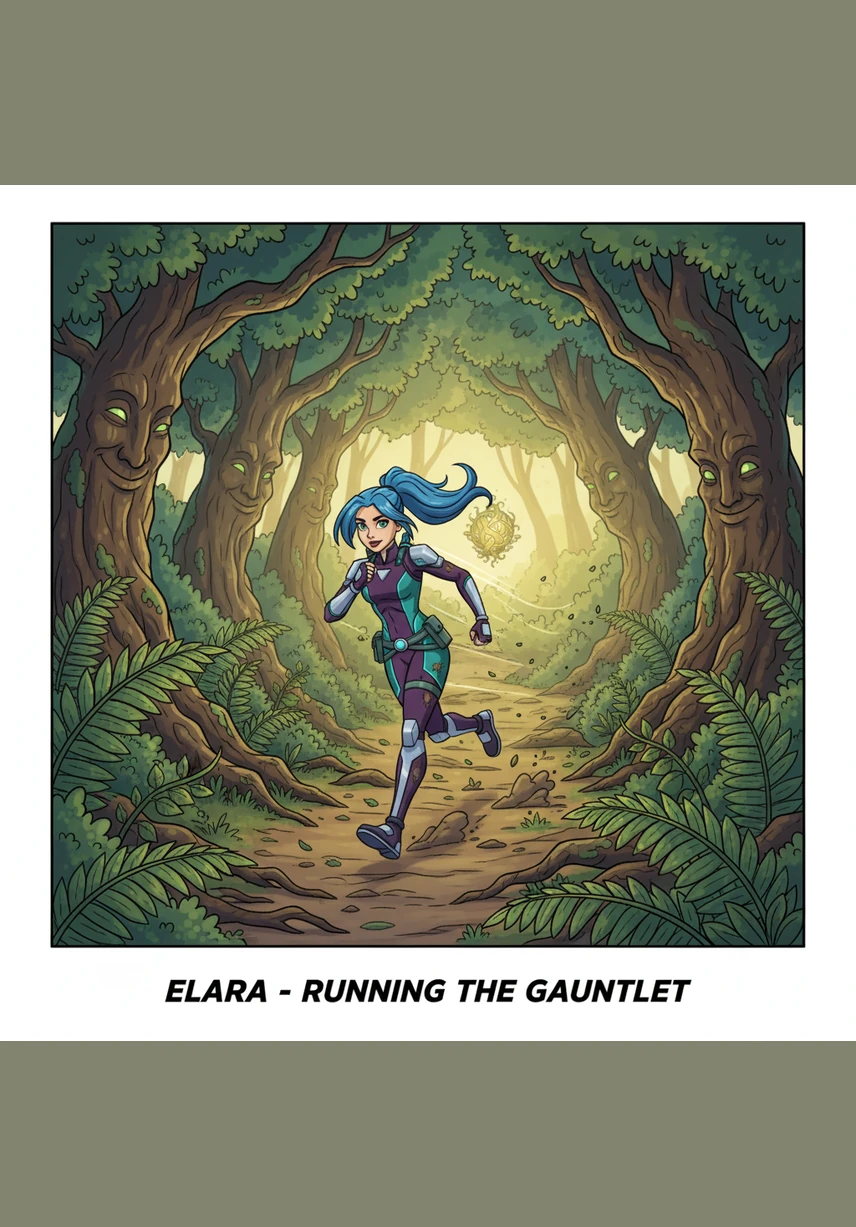 Elara sprints through the treacherous undergrowth, leaping over snapping roots that try to ensnare her ankles. The hostile trees bend their trunks at impossible angles to block her way, their faces contorted in wooden masks of rage. She uses her agility to navigate the shifting terrain, driven by the hope of peace.