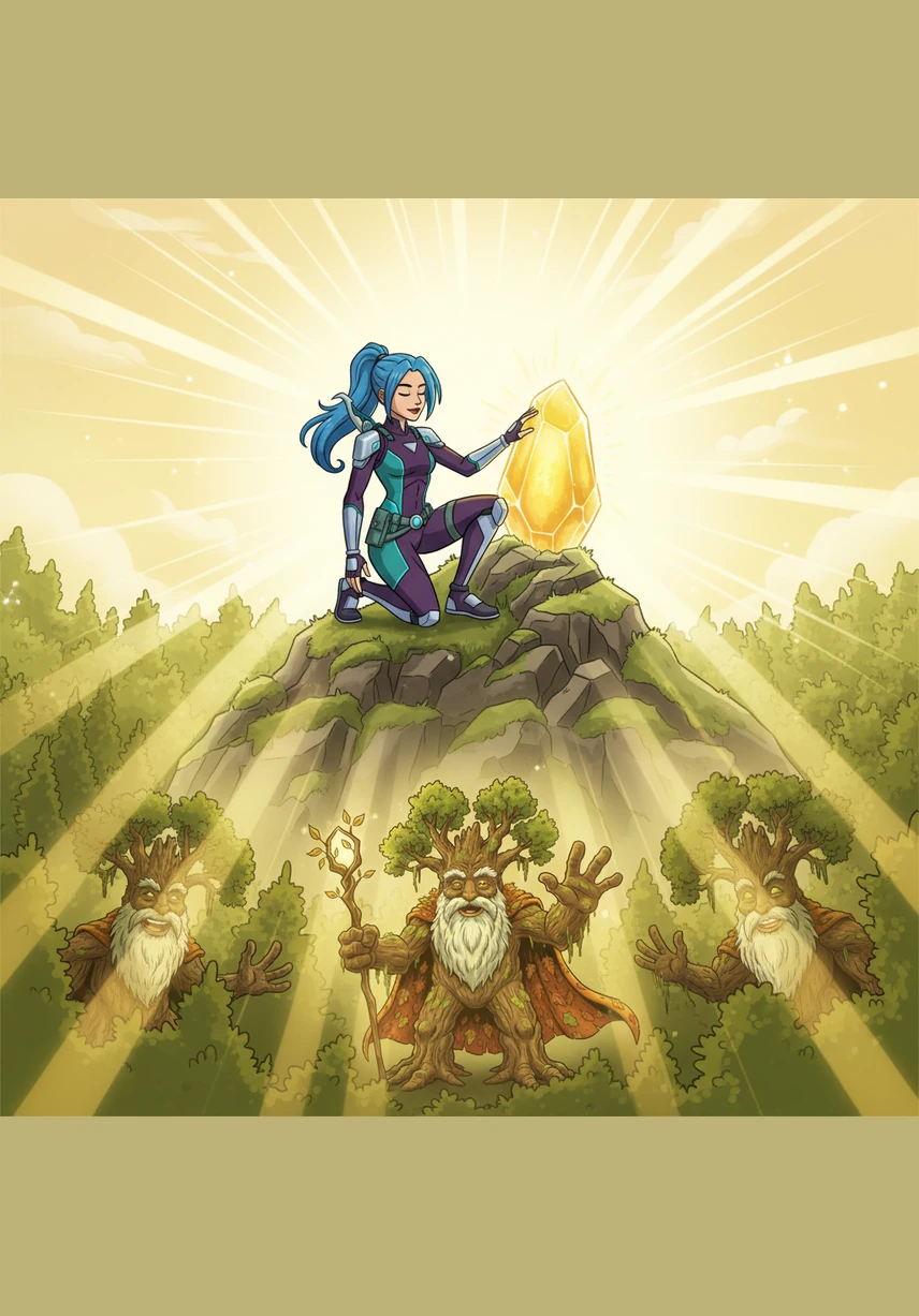 Reaching the summit, Elara places her hand upon the pulsing, crystalline Heartstone, closing her eyes and thinking of Bramble's kindness. A wave of brilliant, golden light erupts from the stone, washing over the entire forest like a warm summer breeze. The angry muttering of the Elder Grove instantly turns into a soft, melodic hum.