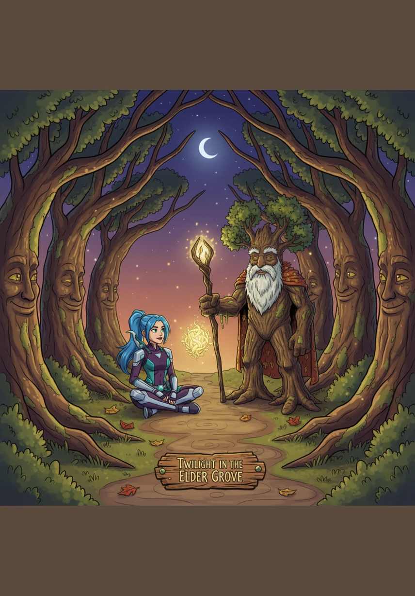 The forest returns to a state of tranquil beauty, and the hostile trees fall into a deep, peaceful slumber with their branches bowed in apology. Bramble blooms with vibrant, magical flowers that glow in the twilight, standing tall as the forest's guardian. Elara sits at his base, knowing she has found a friend and a home within the heart of the woods.
