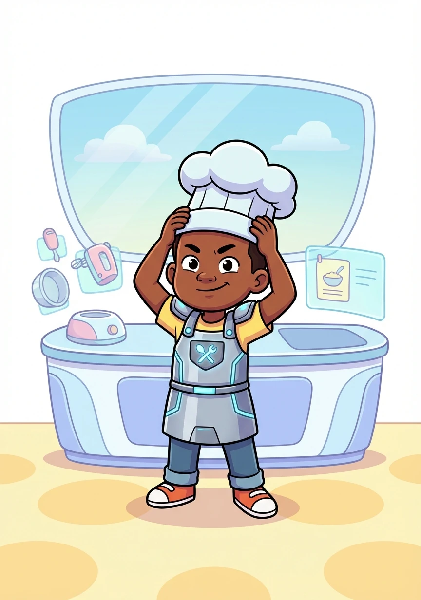 Seven-year-old Kojo stands proudly in his futuristic kitchen, apron armor gleaming. He adjusts his chef's hat, a determined look on his face. Today, he's testing a new recipe to help his community.