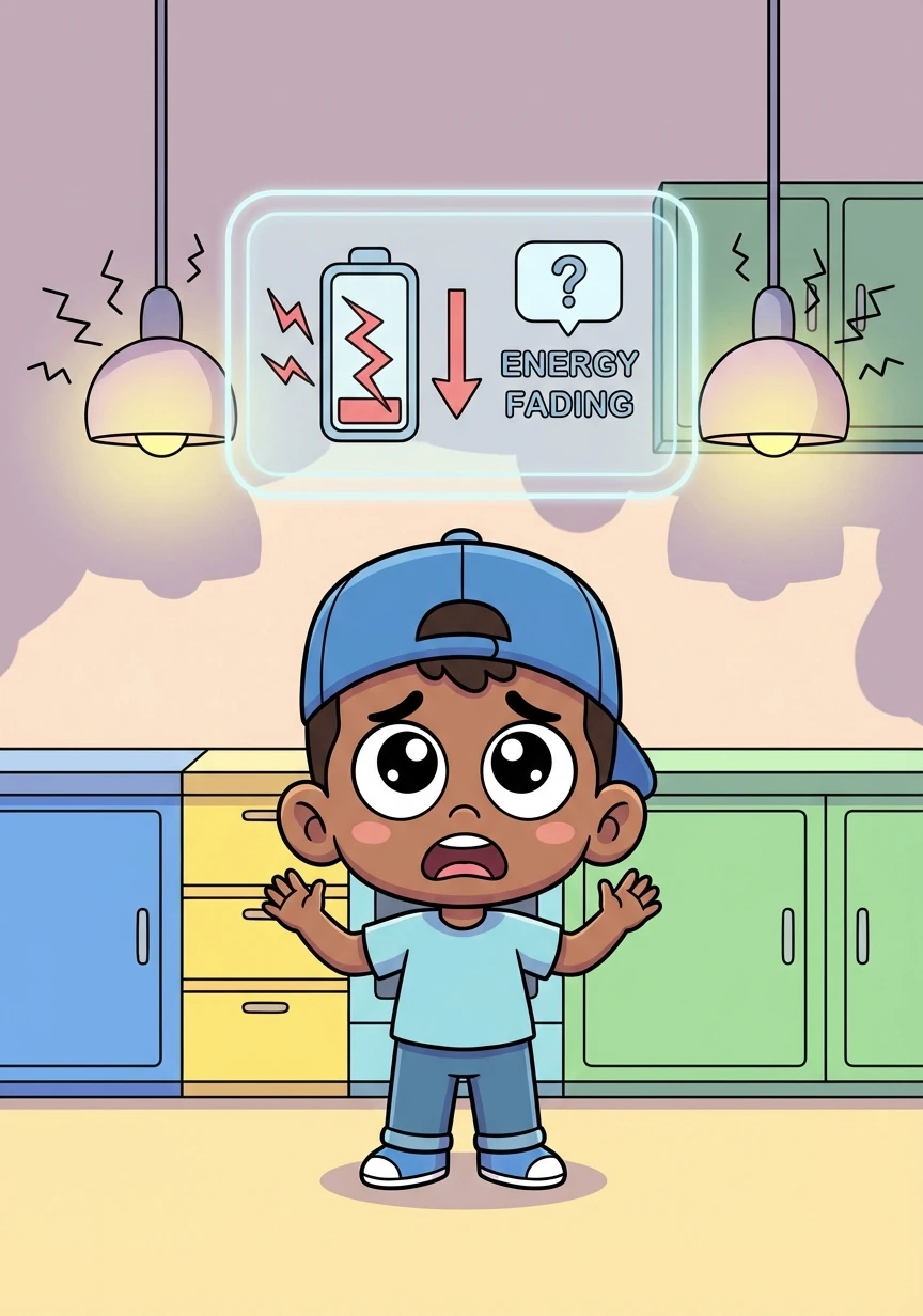 Suddenly, the kitchen lights flicker! A news report flashes on the holographic screen: the city's energy source is fading. Kojo knows he has to act fast.