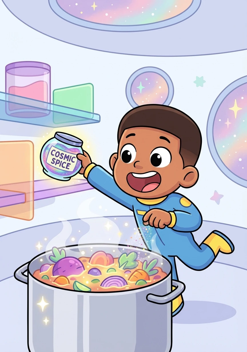 Kojo grabs his special ingredient: Cosmic Spice, a rare seasoning that boosts energy. He adds it to his Super Stew recipe, a blend of futuristic vegetables and vibrant spices.