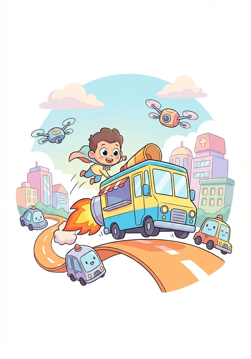 With a whoosh, Kojo's cape billows as he leaps into his rocket-powered food truck. He zooms through the city streets, dodging flying drones and robotic traffic.