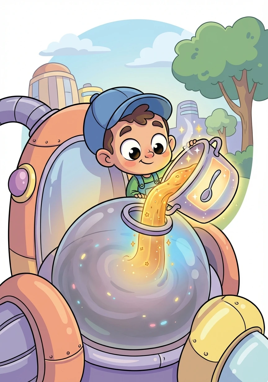 He arrives at the city's power plant, where the energy core is dimming. Kojo carefully pours his Super Stew into the core, the Cosmic Spice glowing brightly.