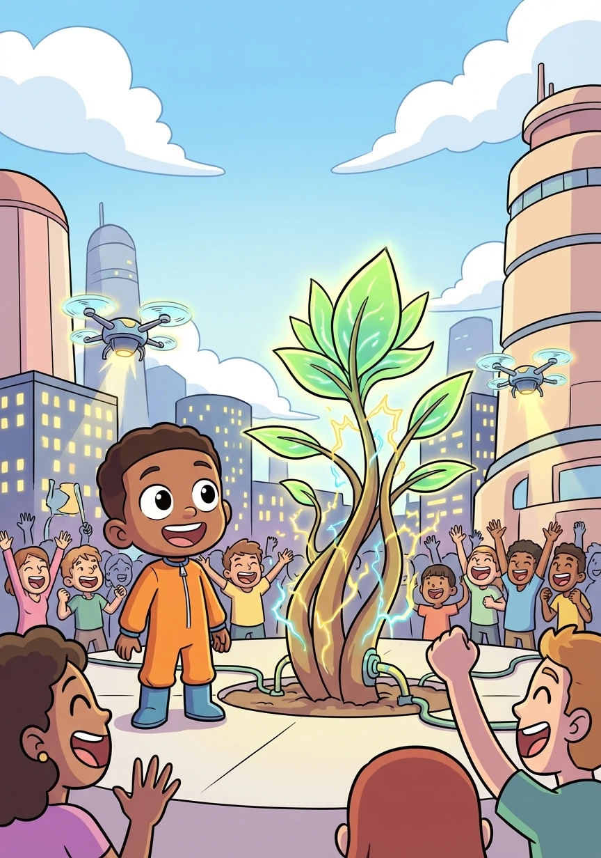 The plant hums back to life, energy surging through the city. People cheer as lights flicker on and drones power up. Kojo smiles, knowing he made a difference.