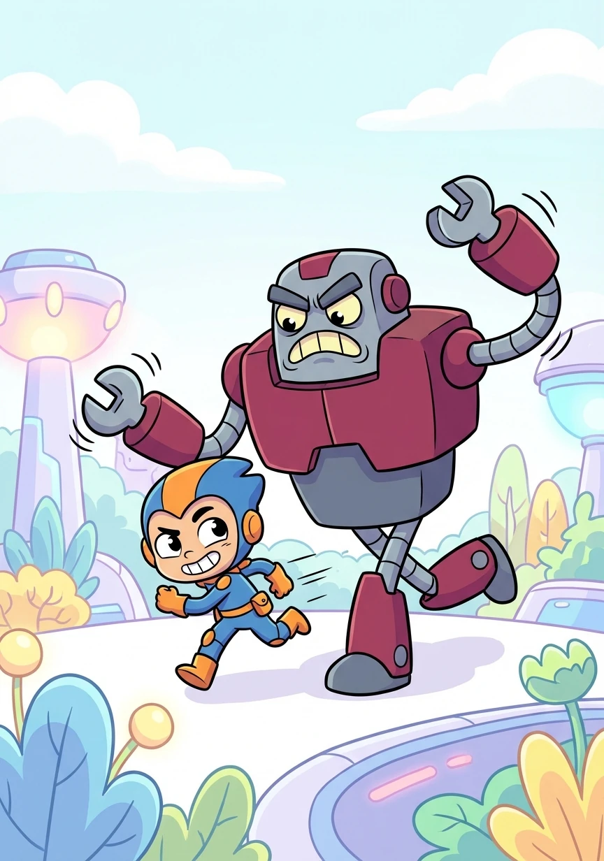 But a grumpy robot, Zorgon, appears, upset that his nap was interrupted by the restored power. He tries to stop Kojo, but Kojo is too quick.