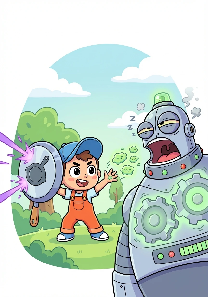 Kojo uses his spatula shield to deflect Zorgon's blasts. He then throws a handful of Sleepy Seeds into Zorgon's gears, causing him to yawn and power down.