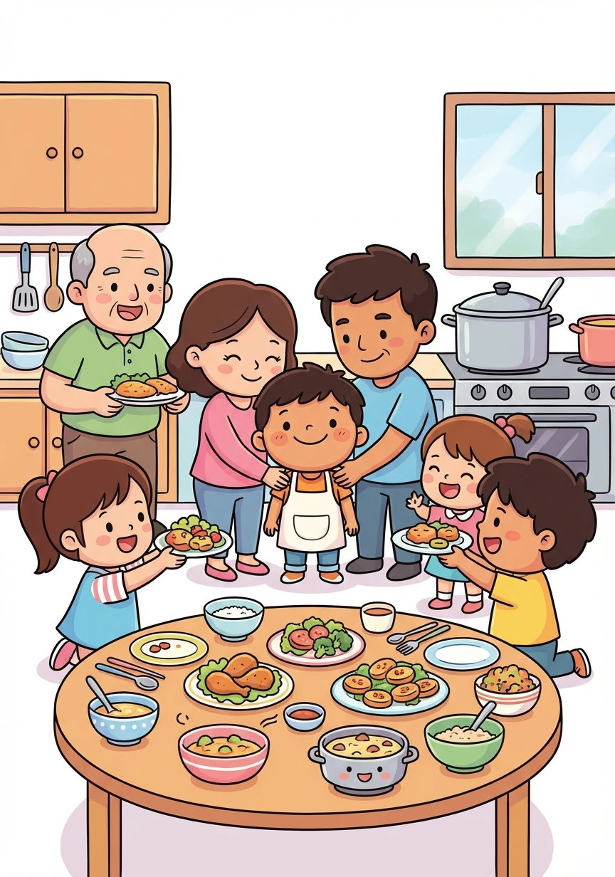 Back in his kitchen, Kojo smiles, surrounded by his family and friends. He knows that even a small chef can make a big difference, one delicious recipe at a time.