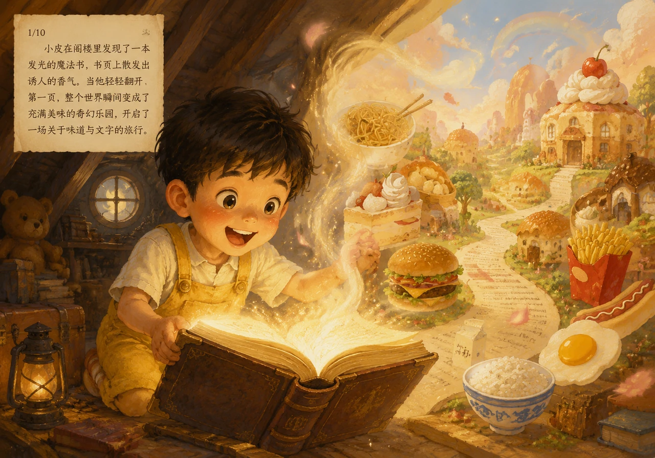小皮在阁楼里发现了一本发光的魔法书，书页上散发出诱人的香气。当他轻轻翻开第一页，整个世界瞬间变成了充满美味的奇幻乐园，开启了一场关于味道与文字的旅行。